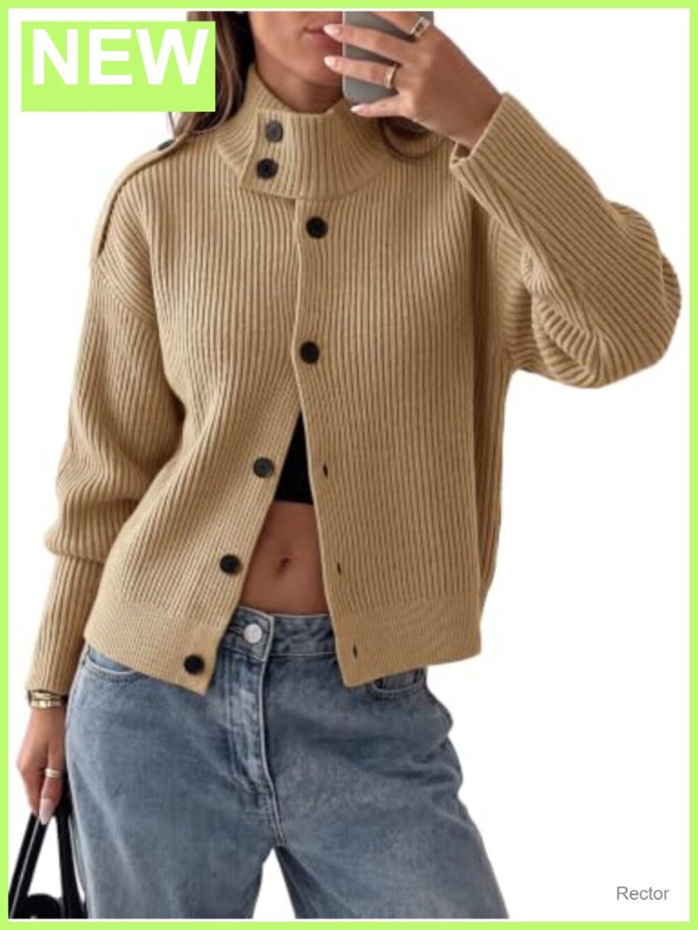 Chunky Knit Button Cardigan Sweater Mock Neck Long Sleeve Ribbed Knit Top